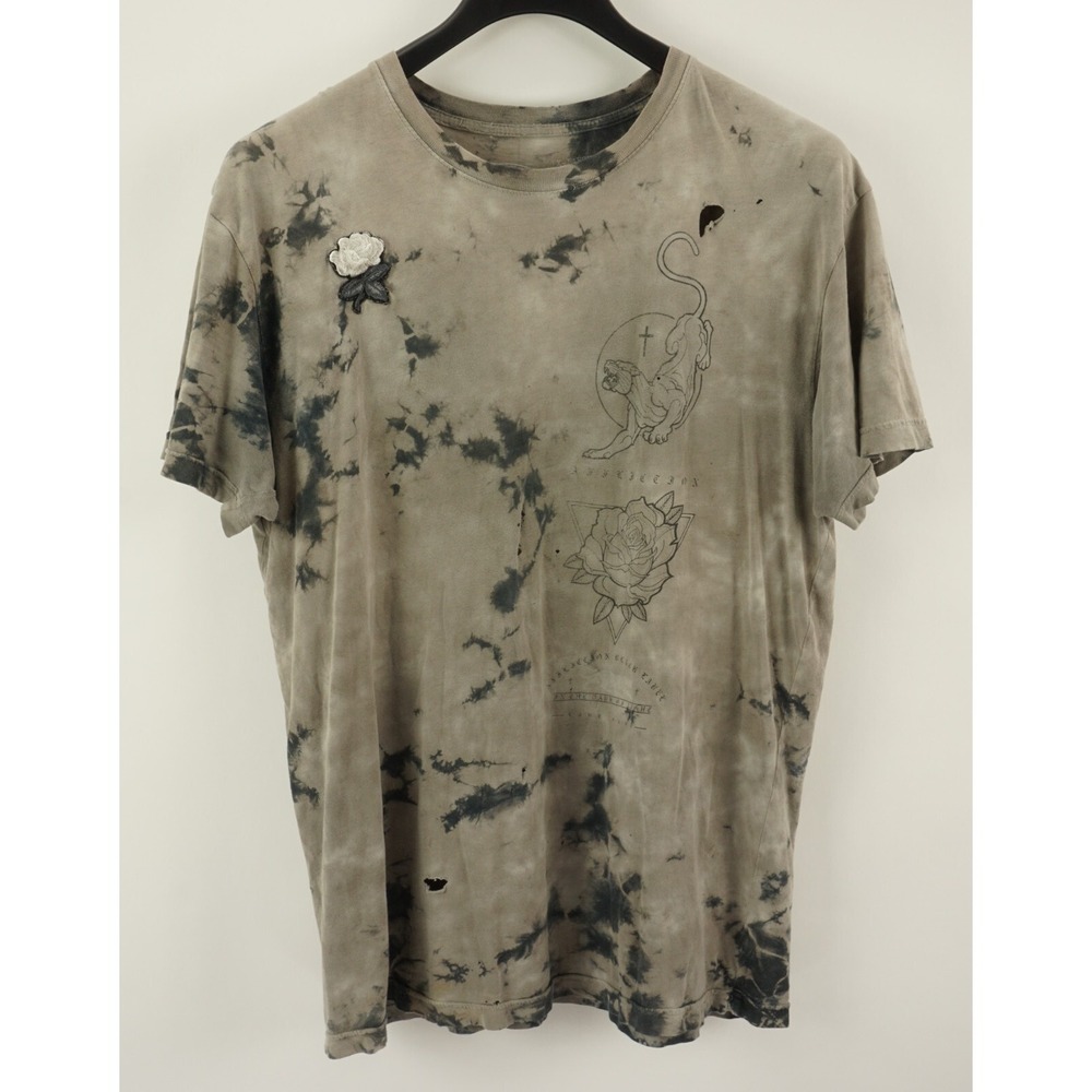 Affliction Thrashed Distressed White Rose Puma Men's XL Gray Acid Wash T-Shirt